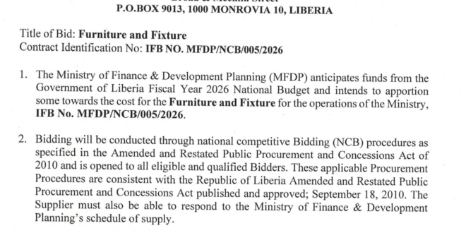 Bid Furniture and Fixture – Liberia news The New Dawn Liberia, premier resource for latest news