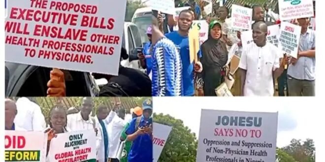 Tensions in the health sector peaked as workers protested a proposed reform law in Abuja