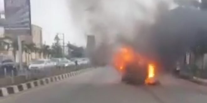 Traffic jam as car catches fire after multiple crashes in Lagos (Video)