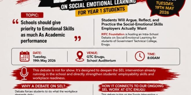 The RIFC Foundation will organize an intra-school SEL discussion at the Government Technical College, Enugu