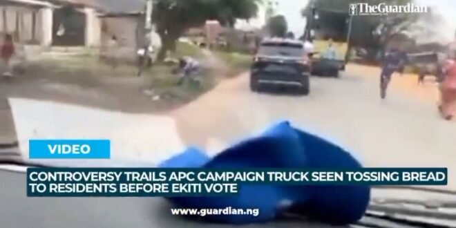 APC trucks throw bread at Ekiti residents a day before gubernatorial election (Video)