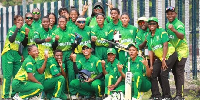 The Nigerian women’s cricket team celebrates their bronze medal in Rwanda, after beating Brazil