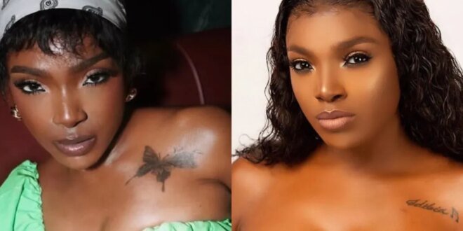 Actress Annie Macauley covers up her Tuface tattoo on her chest with a butterfly