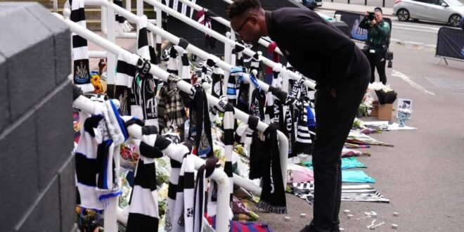 Former Super Eagles forward Shola Ameobi cries at the memorial for the late Kevin Keegan