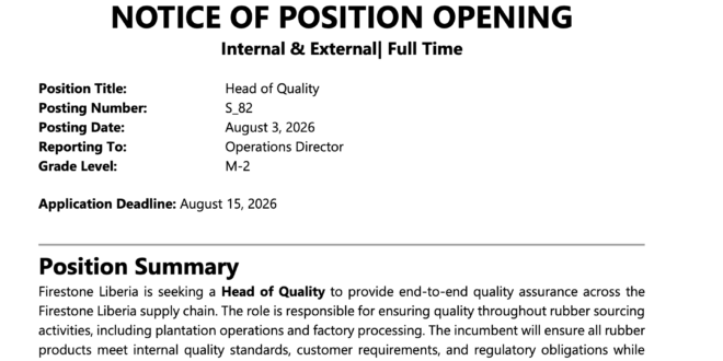 JOB VACANCY Position Head of Quality