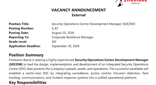 VACANCY ANNOUNCEMENT Security Operations Centre Development Manager