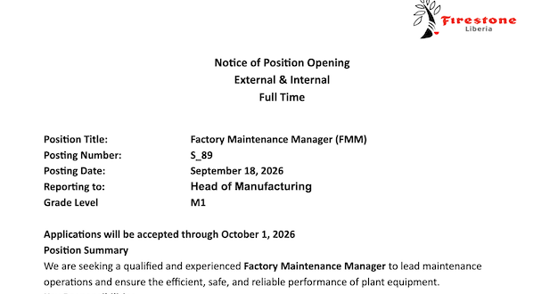 Factory Maintenance Manager (FMM) Needed