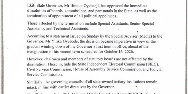 OYEBANJI DISSOLVES THE COUNCILS AND CEASES THE APPOINTMENT OF POLITICAL OFFICERS