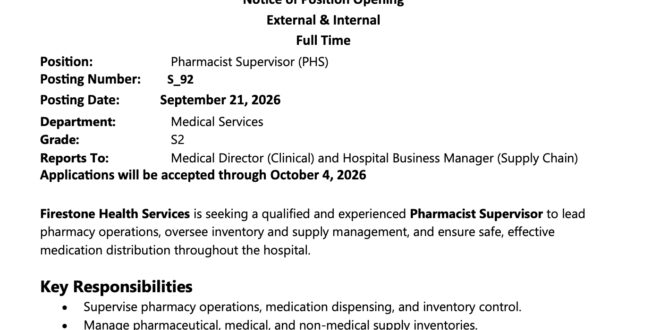 Pharmacist Supervisor (PHS) Needed – Liberia news The New Dawn Liberia, premier resource for latest news
