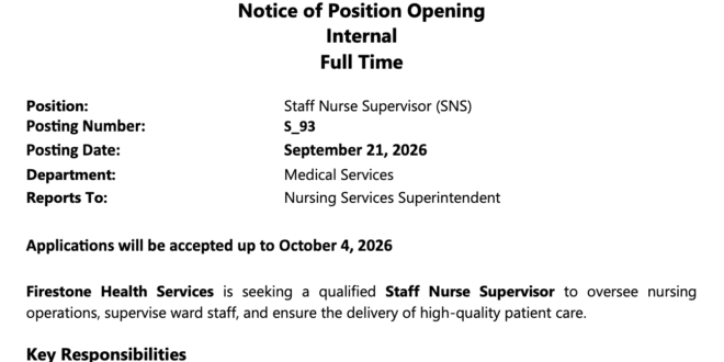 Staff Nurse Supervisor (SNS) Needed