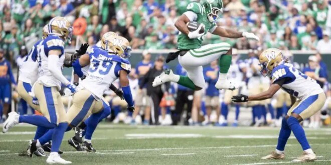 Stevens scores 3 TDs as Riders beat Bombers in OT